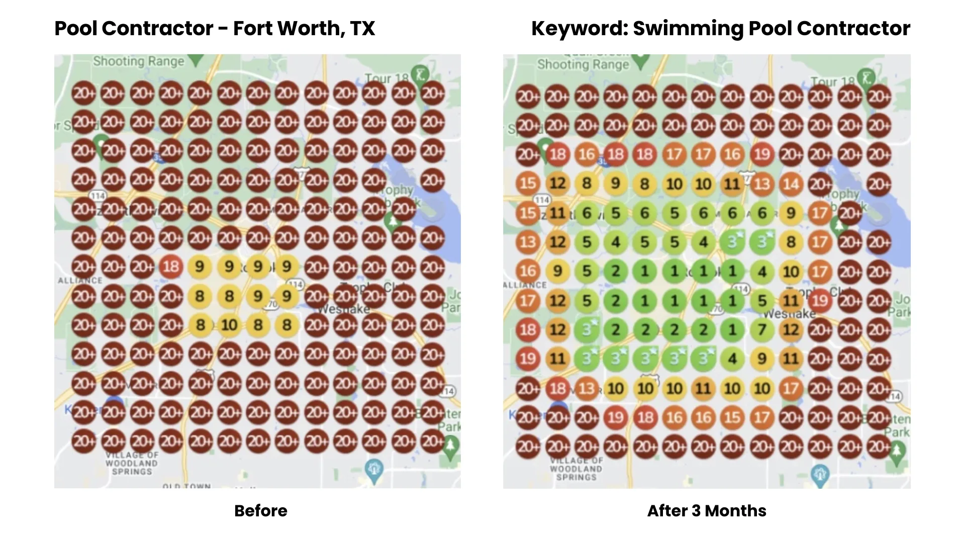 Before-and-after Google Maps ranking heatmap for a pool contractor in Fort Worth, TX
