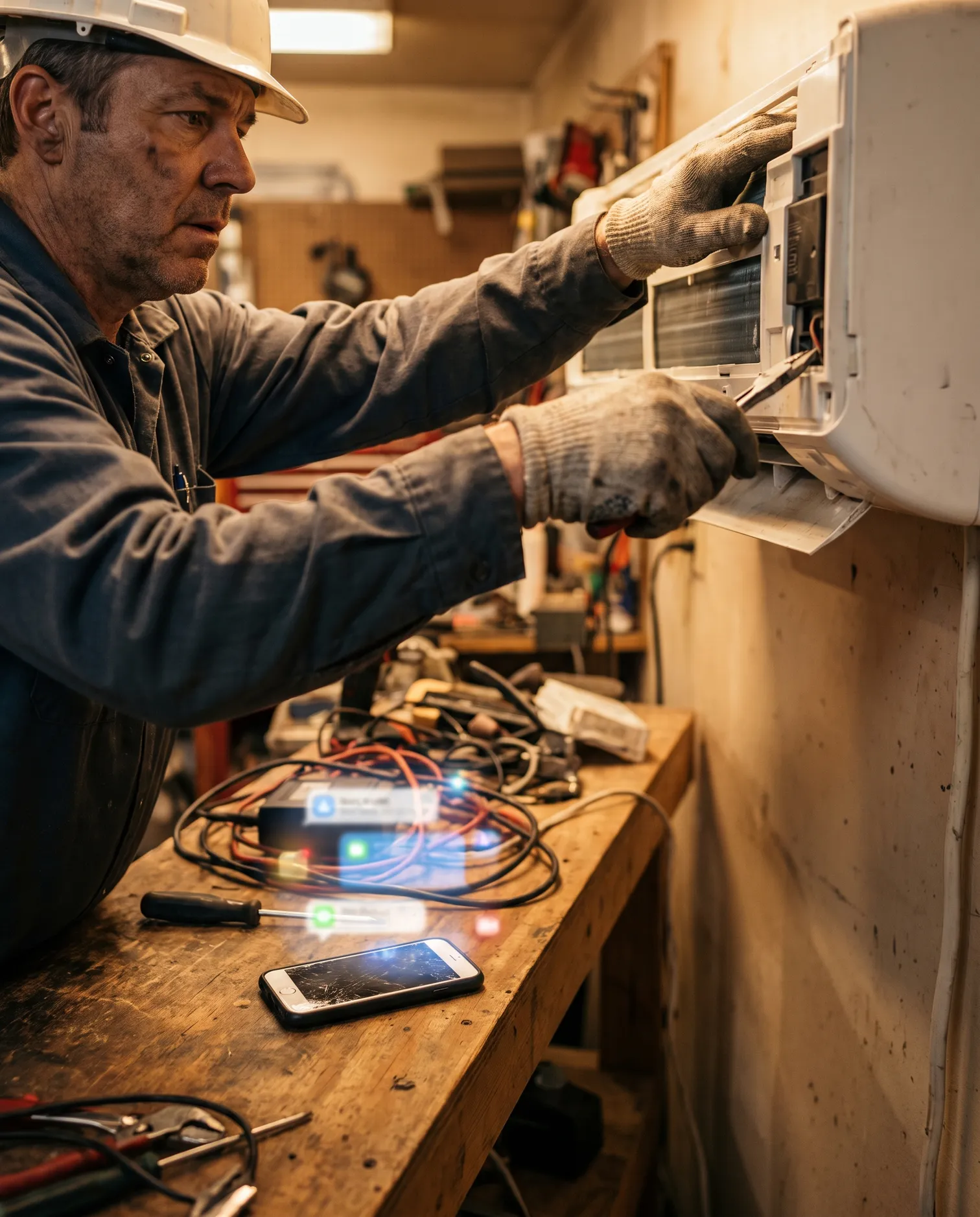 Contractor working with both hands while his phone answers incoming messages beside him