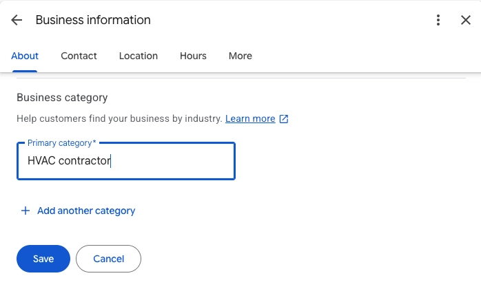 Screenshot of Google Business Profile settings showing the selection of "HVAC contractor" as the primary
