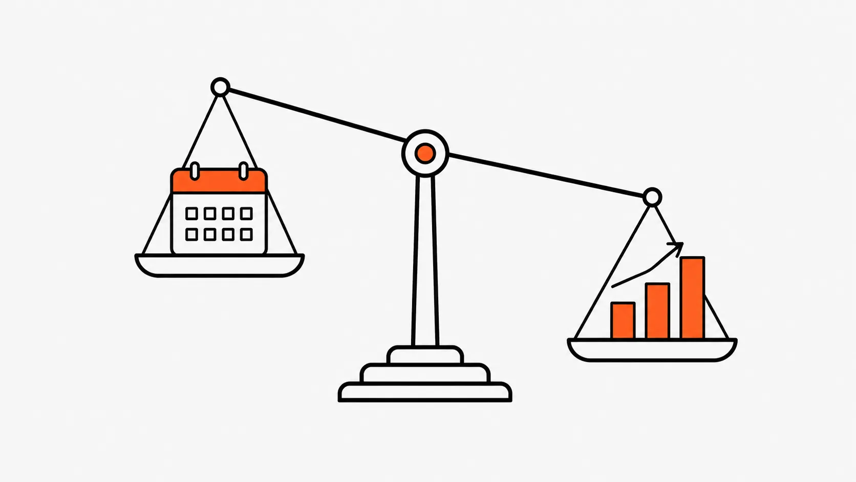 Illustration of a balance scale comparing a calendar representing long-term SEO contracts versus a rising