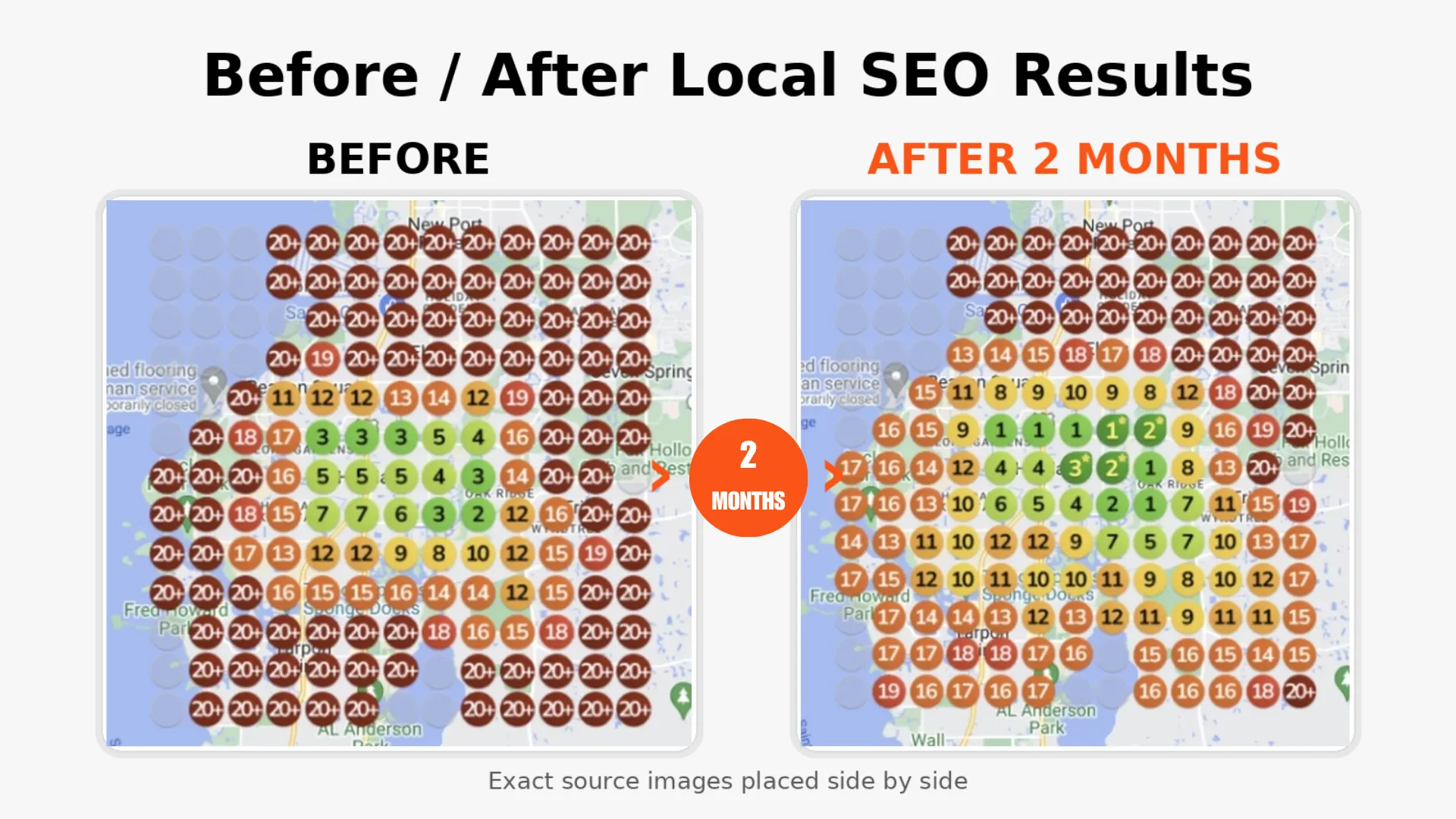 Before and after local SEO results heatmap showing improved ranking positions for HVAC services