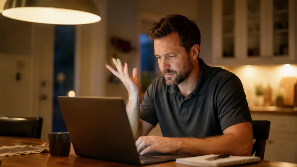 Man looking frustrated while using a laptop in a home setting, illustrating the challenges HVAC