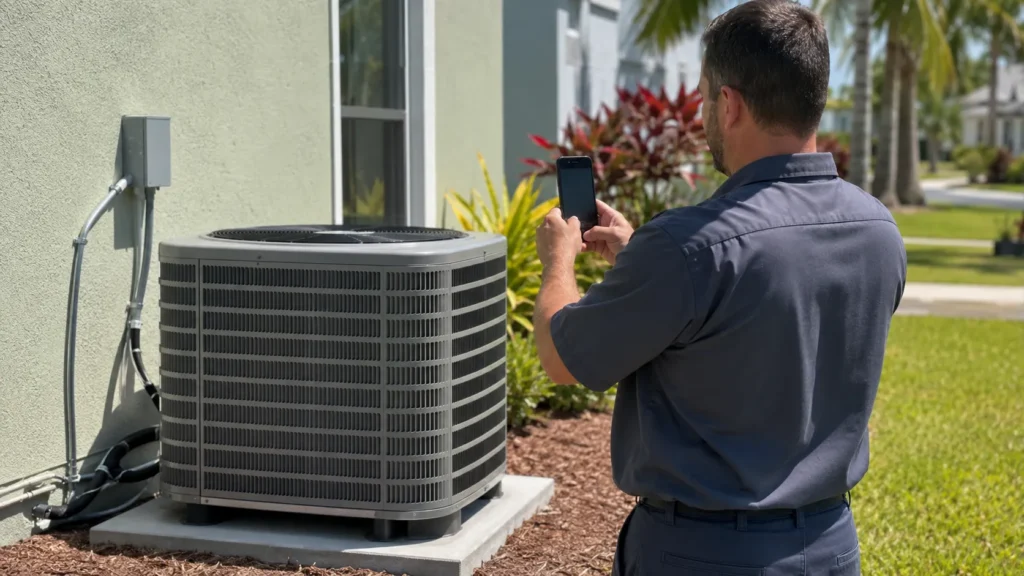 HVAC technician in Tampa, Florida, documenting completed work with a smartphone, showcasing real projects