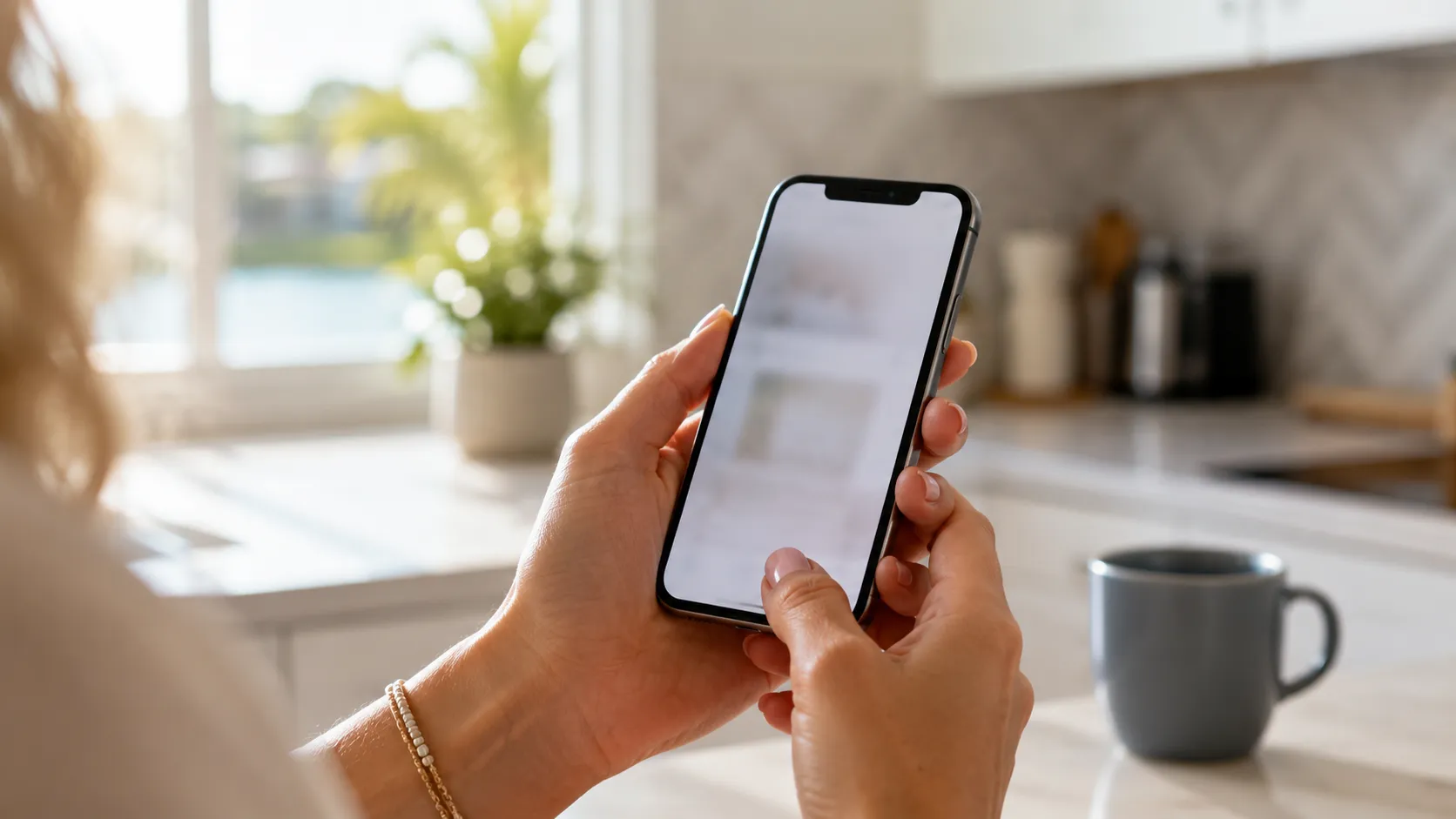 Person using a smartphone in a bright kitchen, illustrating the importance of mobile engagement