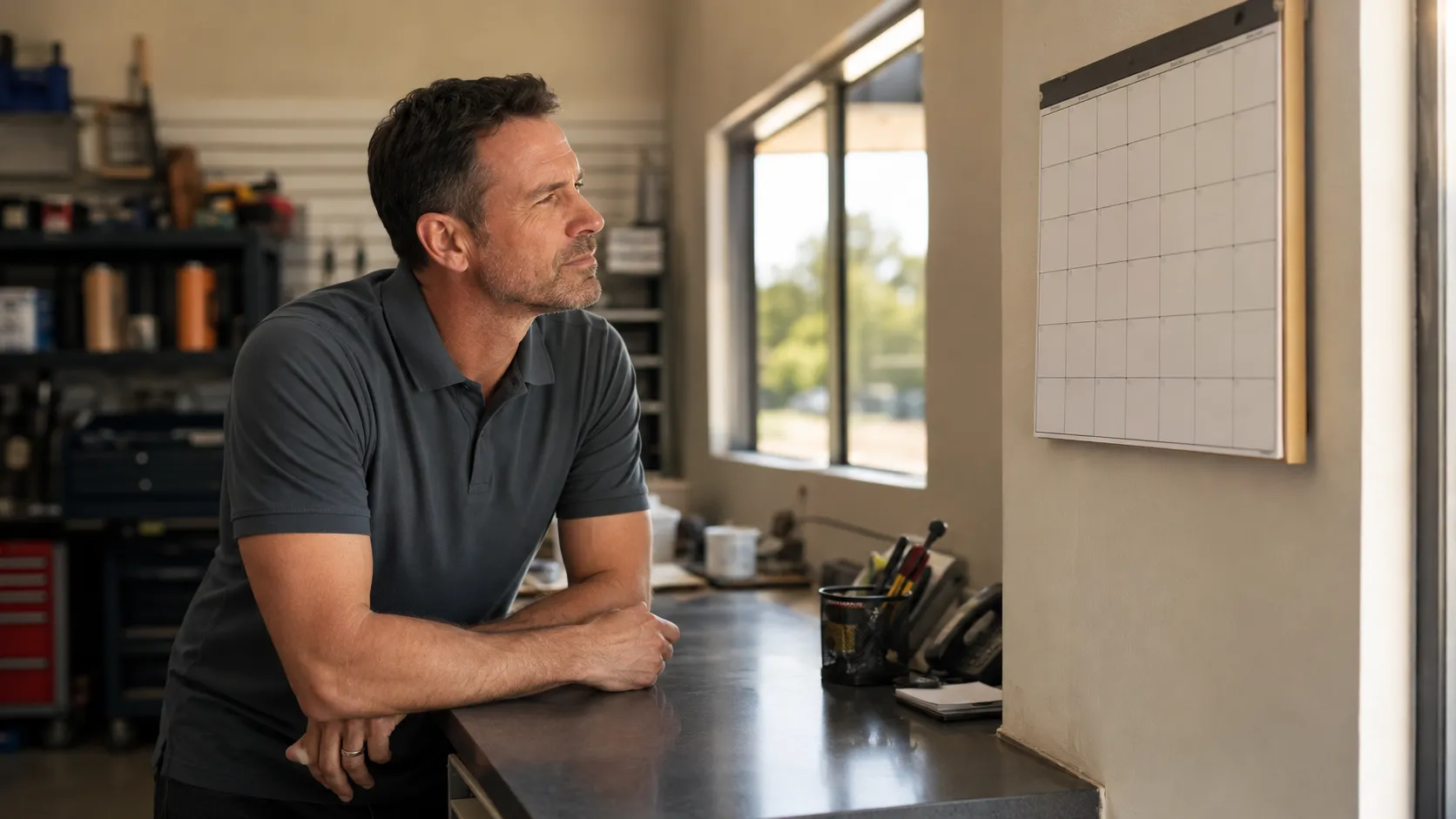 Man in a gray polo shirt thoughtfully looking at a blank calendar on the wall