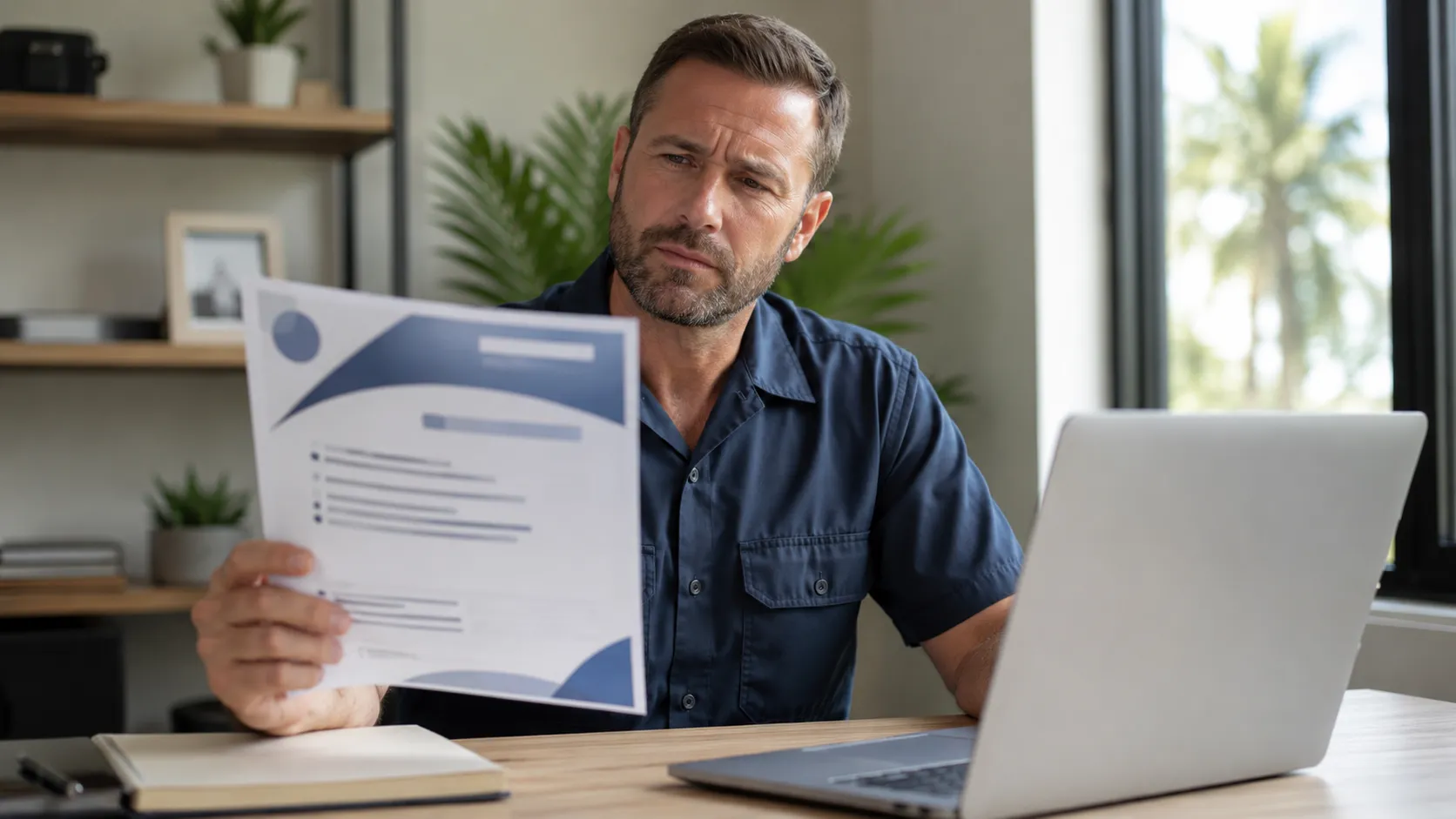 Man reviewing a document while sitting at a desk with a laptop, illustrating the importance