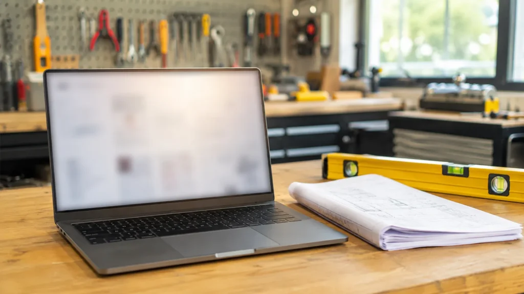 Laptop on a workbench with architectural plans and a level, symbolizing HVAC contractors in Tampa