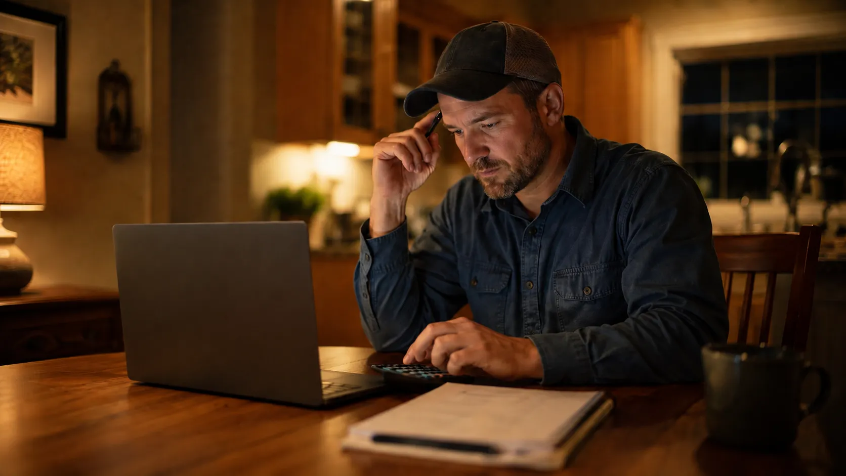 Man working on a laptop at home, contemplating HVAC SEO services and pricing strategies