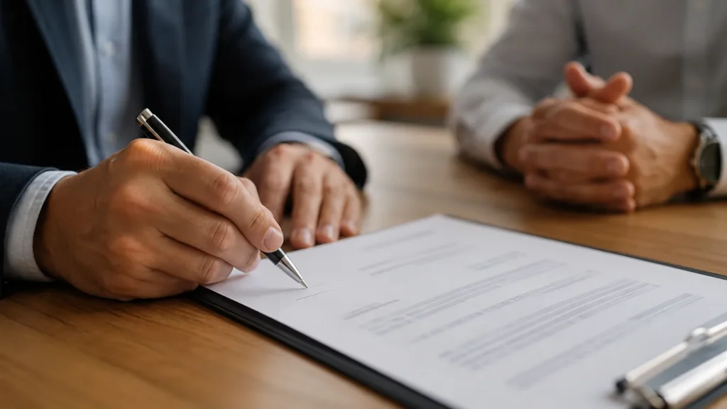 Business owner signing a contract in an SEO planning meeting, illustrating long-term commitments versus month-to-month terms
