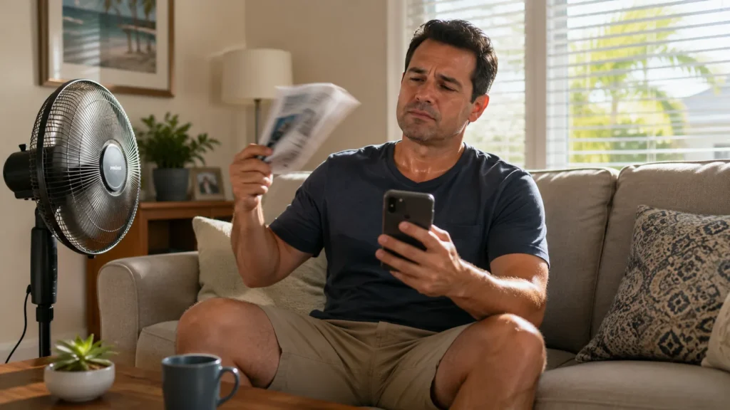 Man sitting on a couch in a well-lit living room, using a smartphone while holding