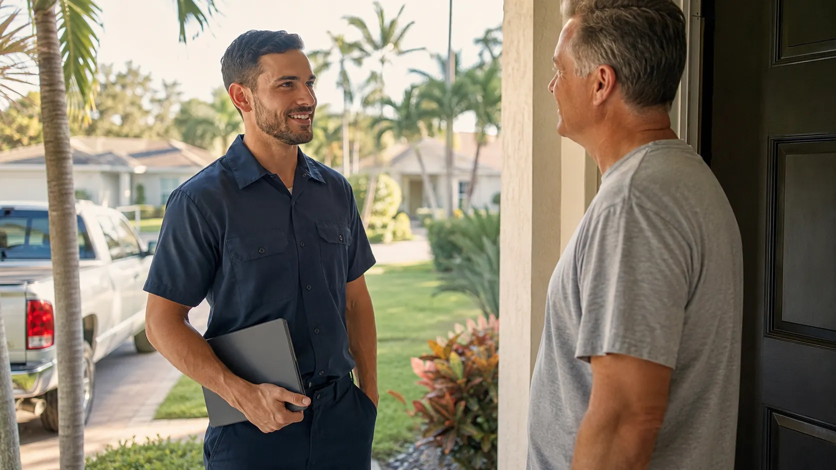 HVAC technician smiling and speaking with a homeowner, illustrating the importance of immediate review requests