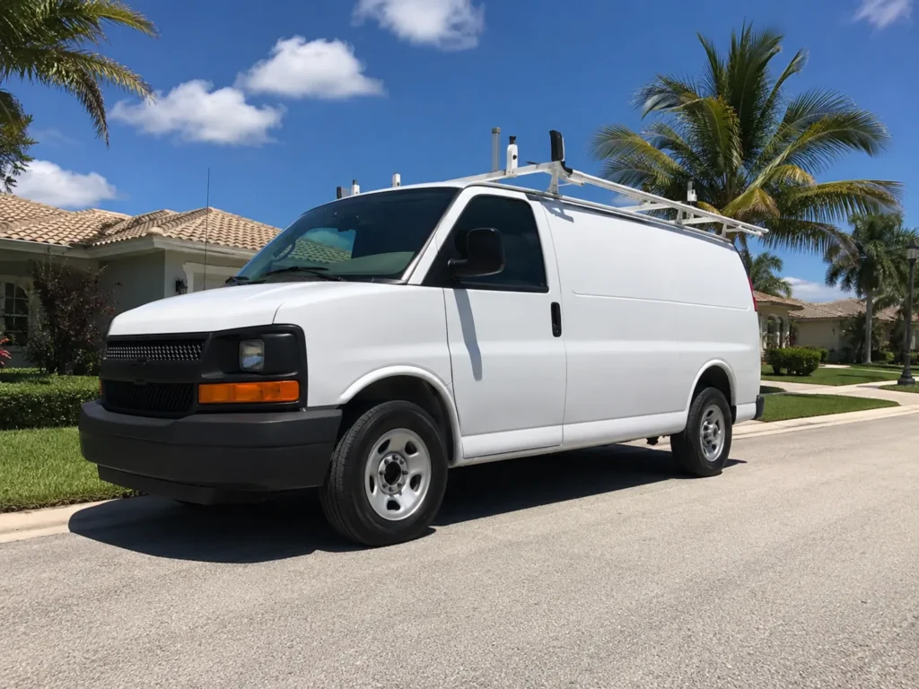 White service van parked on a residential street in Tampa Bay, Florida, representing local HVAC