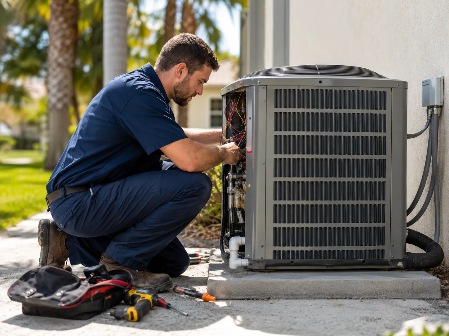 HVAC technician working on an air conditioning unit outdoors, illustrating effective lead generation strategies