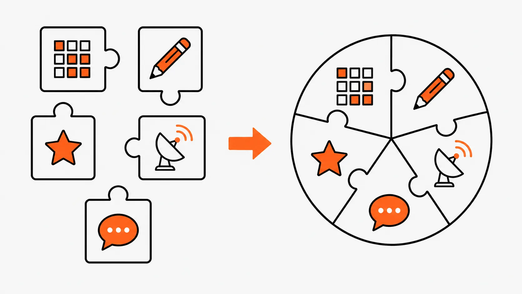 Puzzle pieces representing AI tools for lead conversion, including a star, pencil, satellite, and chat