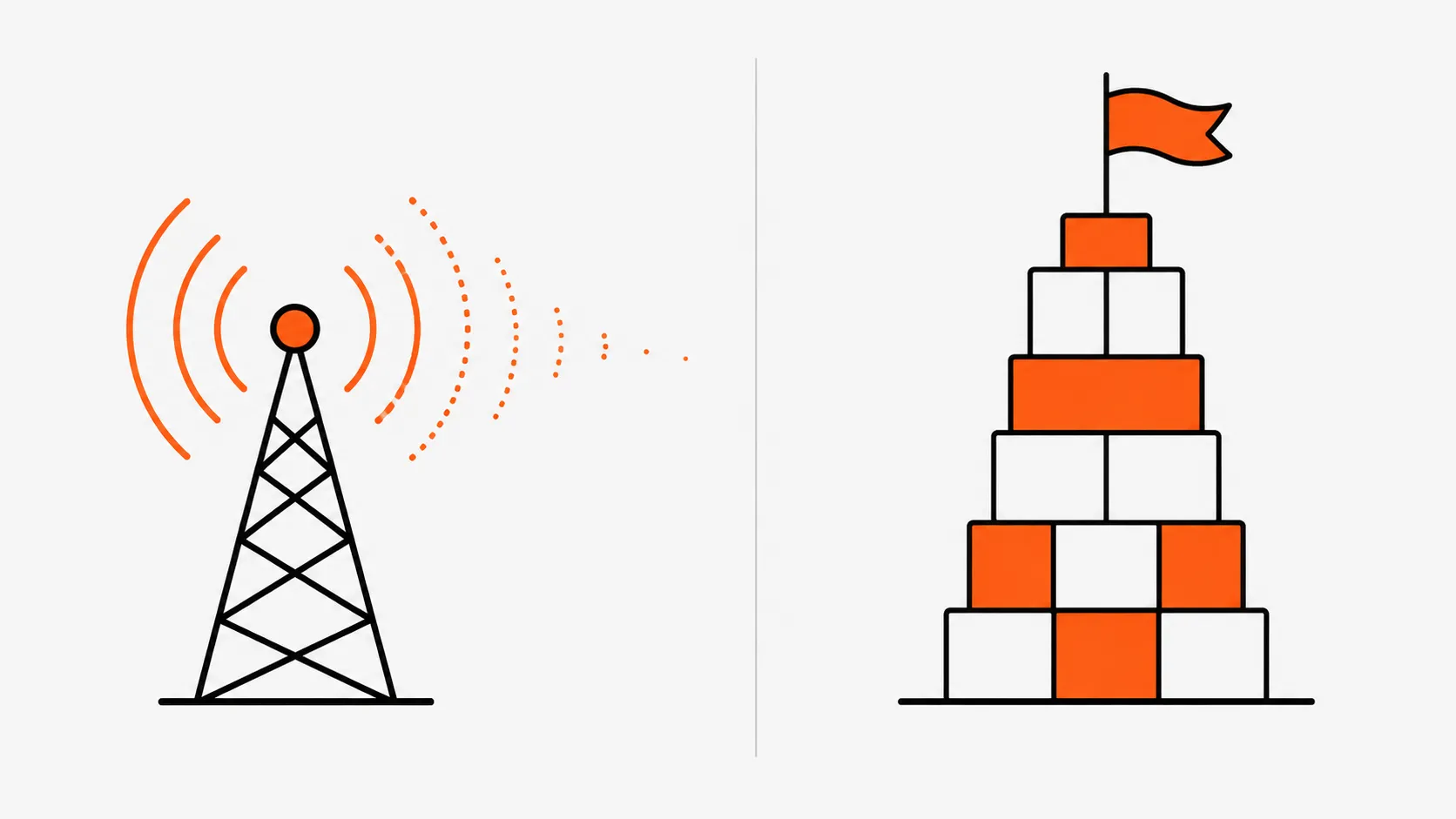 Illustration contrasting radio advertising's fading reach with SEO's compounding asset building, showing a radio tower