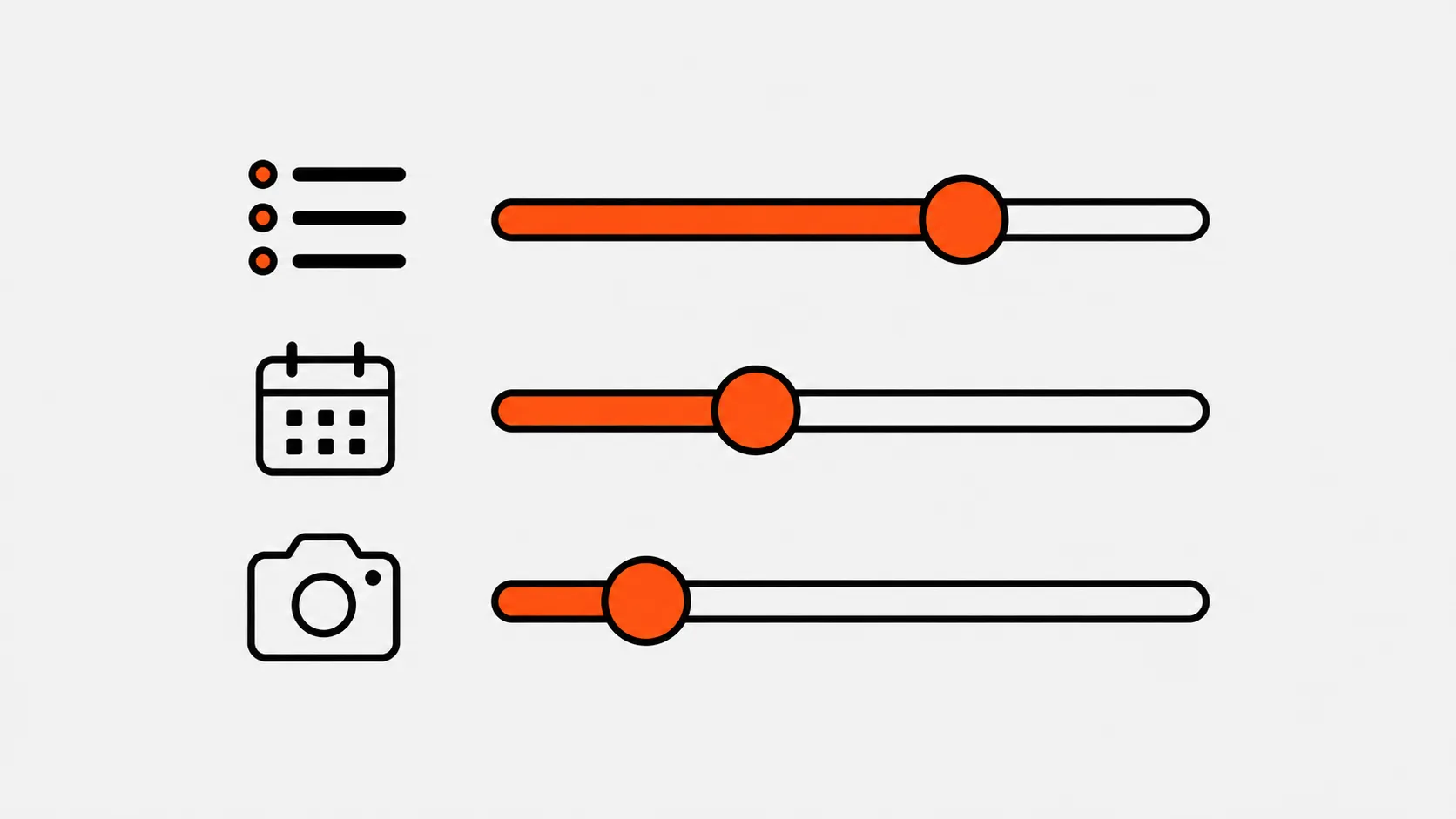 Three horizontal sliders with orange circles indicating adjustable scope, timeline, and content creation for affordable