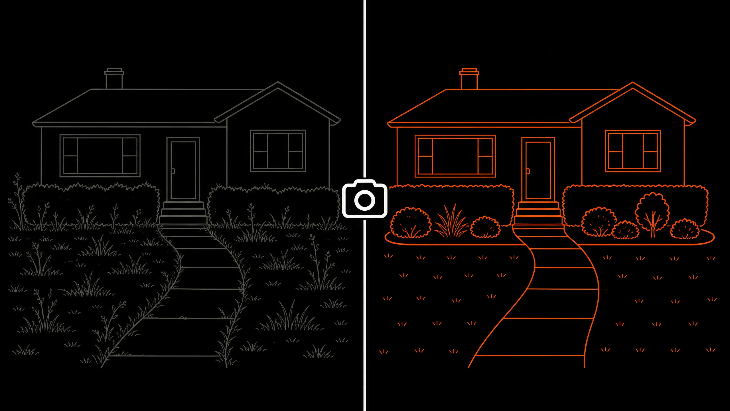 Before-and-after illustration of a Tampa Bay landscaping transformation, showing a house with overgrown grass