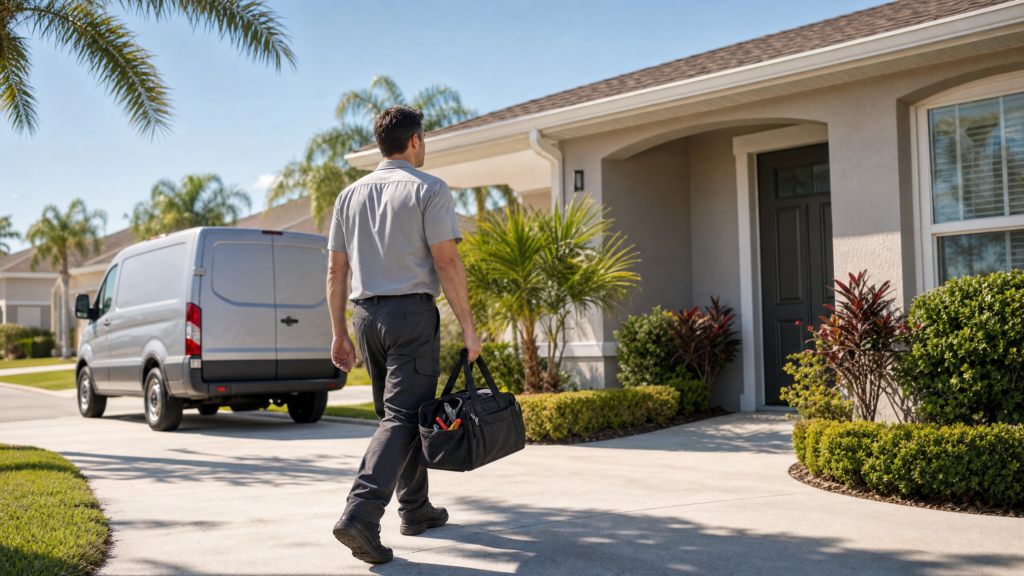 Home service contractor walking toward a house, representing lead generation and visibility for local businesses