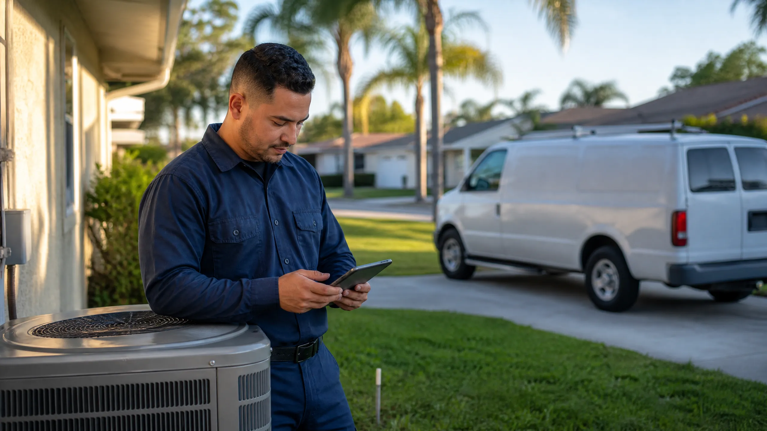 HVAC technician in Tampa, Florida, examining tablet near air conditioning unit, with a work van