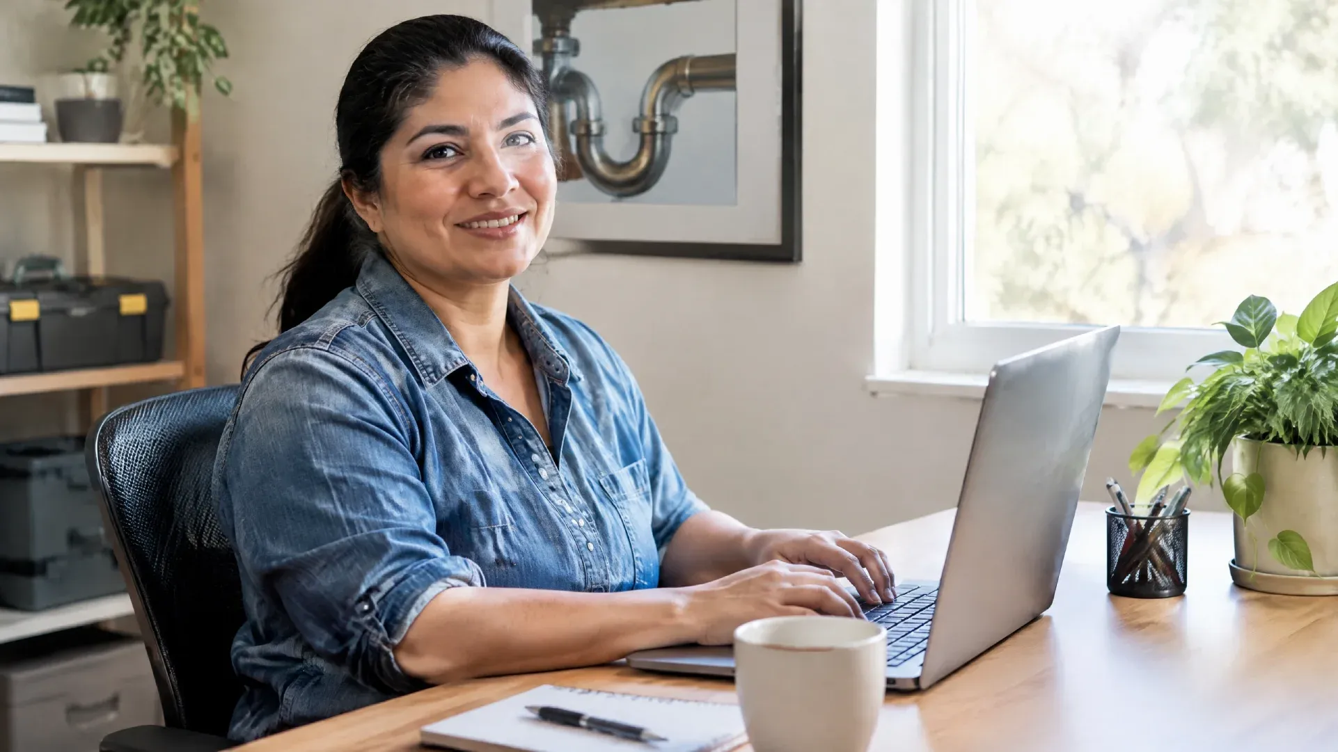 Mujer sonriente trabajando en su laptop en un entorno de oficina en casa, destacando la