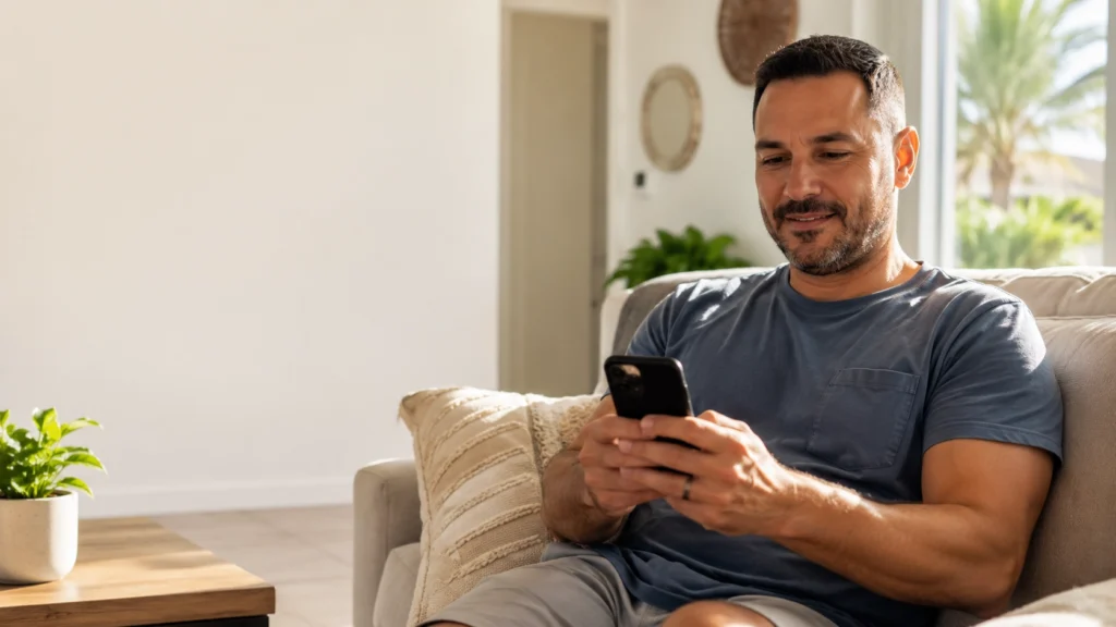 A homeowner sitting on a couch, using a smartphone to search for a local home service business