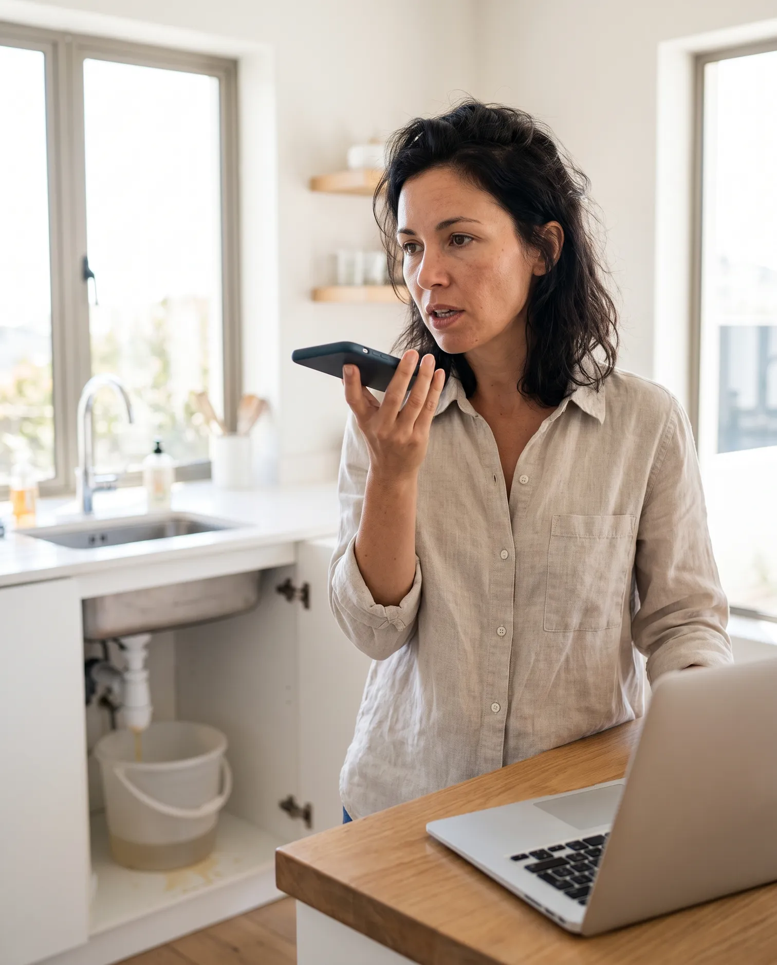Mujer hablando por teléfono mientras usa una computadora portátil en la cocina, representando la importancia
