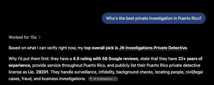 Captura de pantalla de una respuesta de IA mostrando JN Investigations Private Detective como la