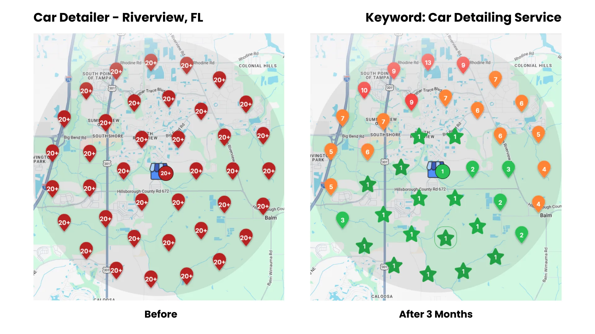 Mapa de calor mostrando el posicionamiento de un servicio de detallado de autos en Riverview