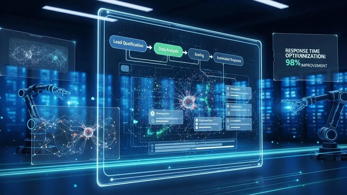 Automated customer service interface showcasing AI features like lead qualification, data analysis, and automated responses