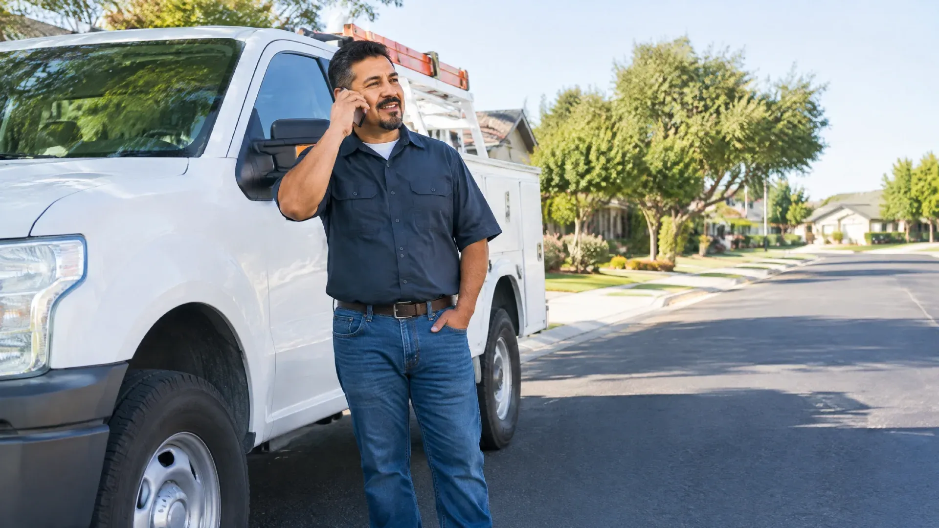 Técnico de servicios para el hogar hablando por teléfono junto a su camioneta, representando la