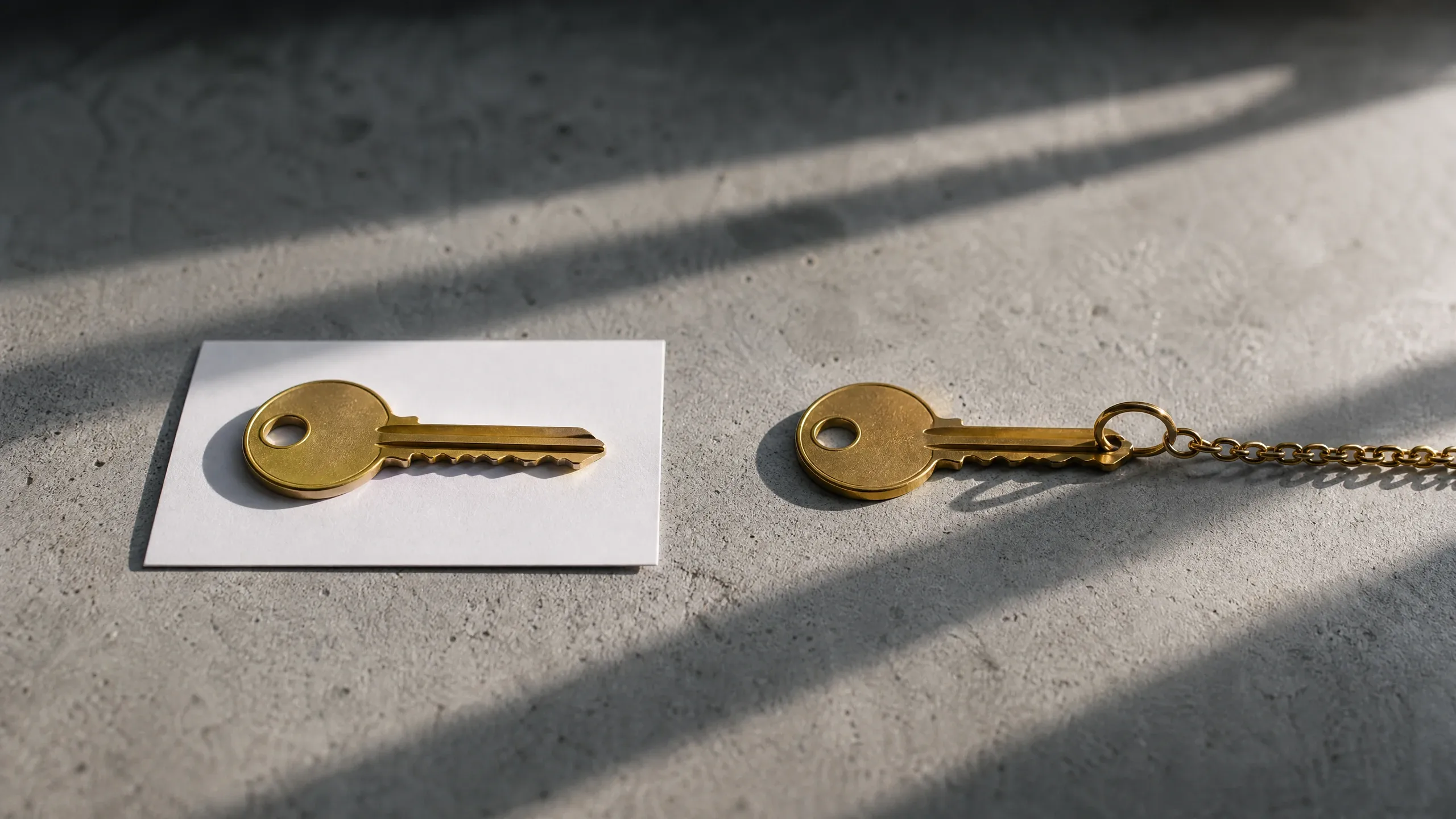 Golden keys on a white card and chain, symbolizing access to local SEO tools