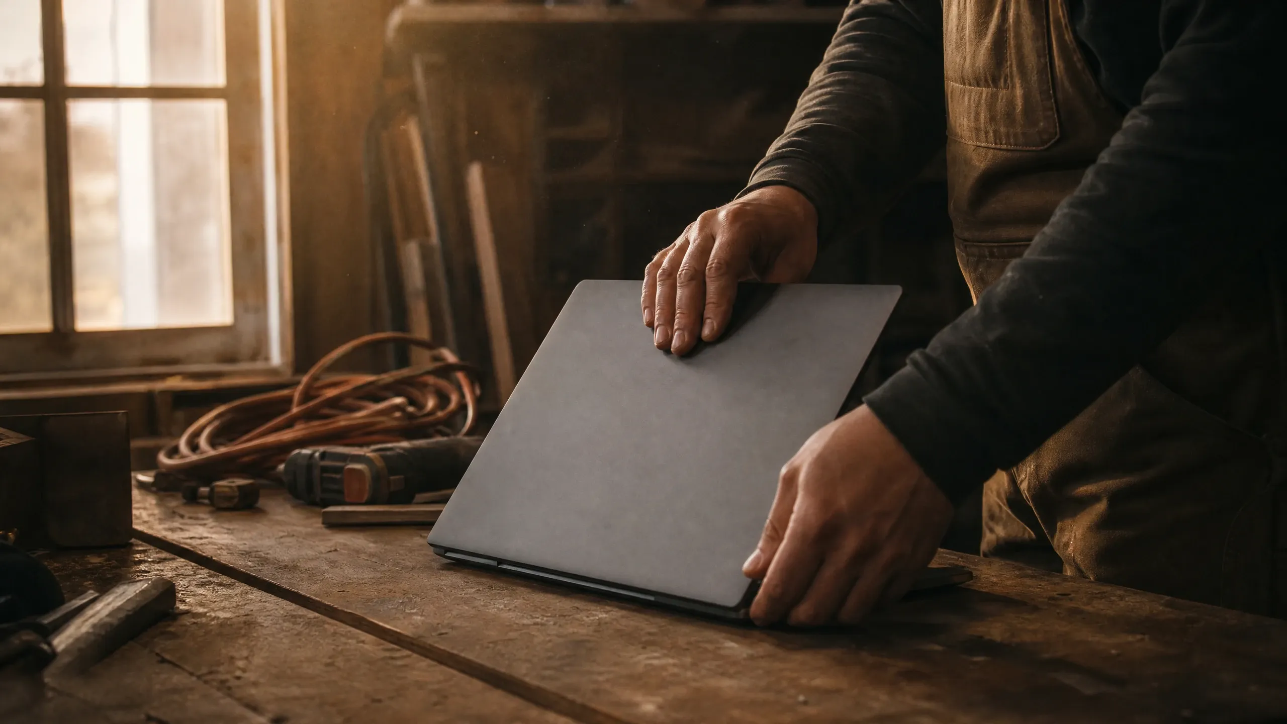 Home service contractor examining a laptop screen, illustrating local SEO tool evaluation for rank tracking