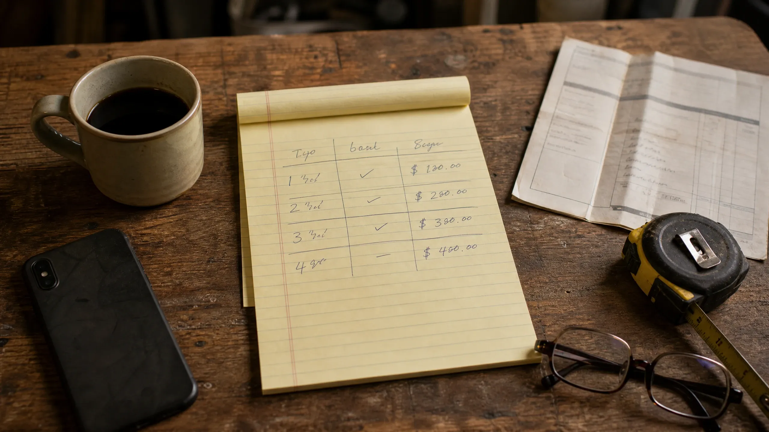 Contractor's handwritten pricing list on notepad alongside a smartphone, glasses, and measuring tape, illustrating cost