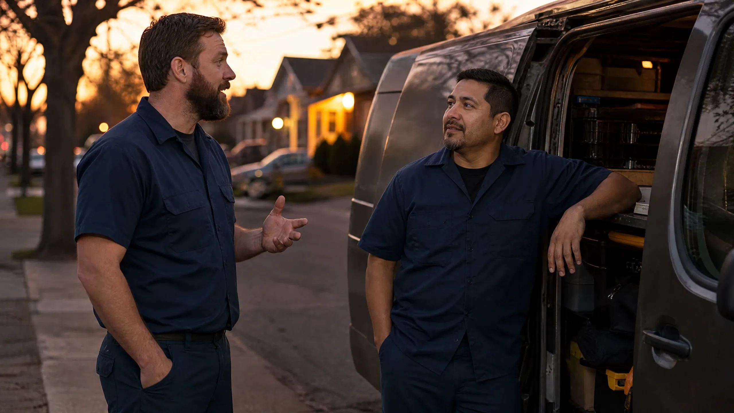 Two contractors in uniform discussing reputation management software options for home service businesses, standing
