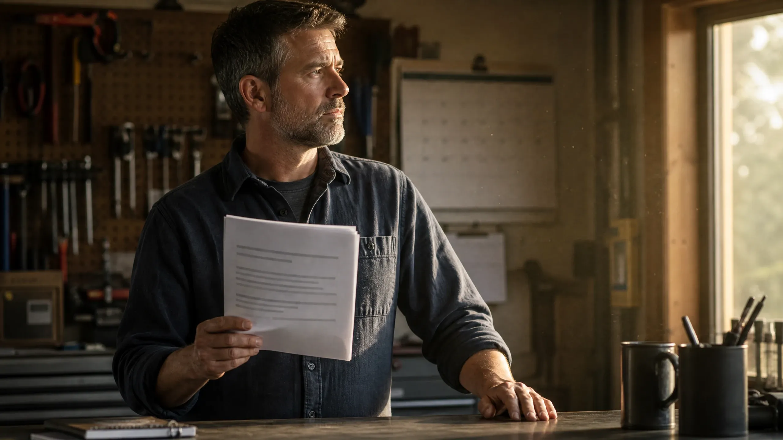 Home service contractor thoughtfully reviewing paperwork, illustrating the need for affordable BrightLocal alternatives and unbundled