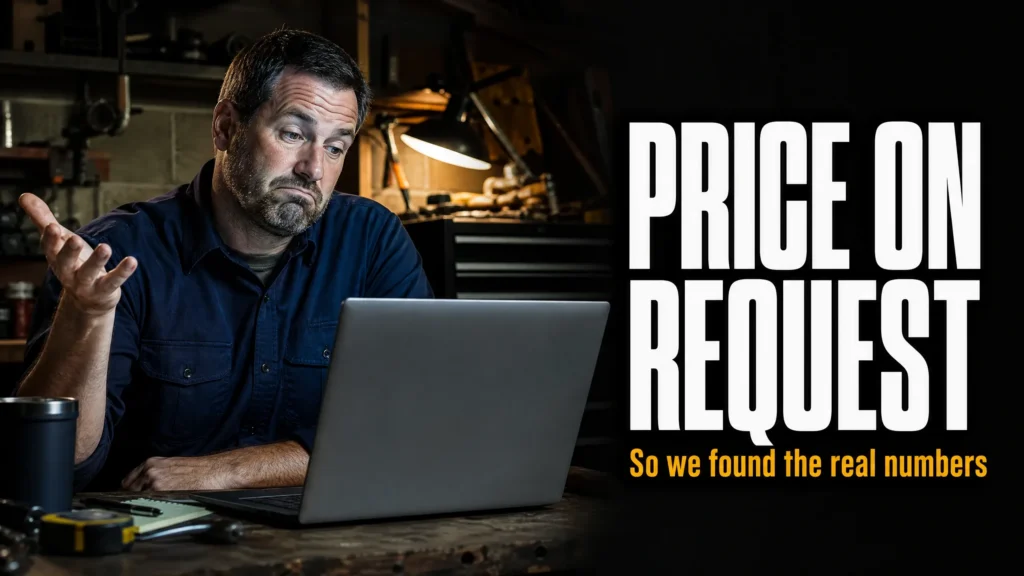Home service contractor looking concerned at laptop displaying "Price on Request" highlighting BrightLocal alternatives