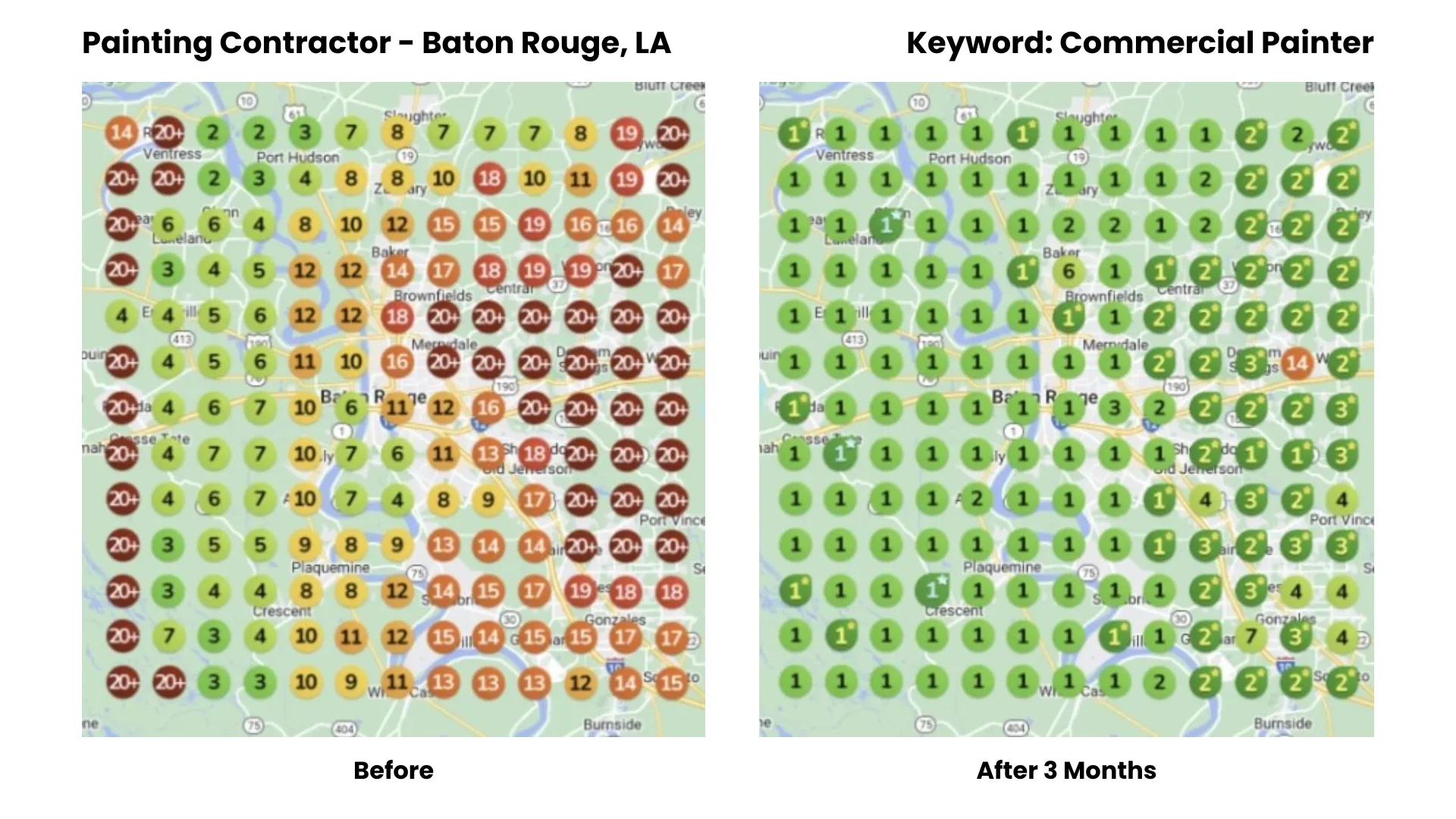 Mapa de posicionamiento SEO mostrando el progreso de un pintor comercial en Baton Rouge, Louisiana