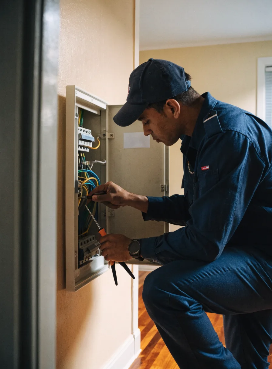 Electricista trabajando en un panel eléctrico abierto, demostrando servicios de actualización de paneles y carga