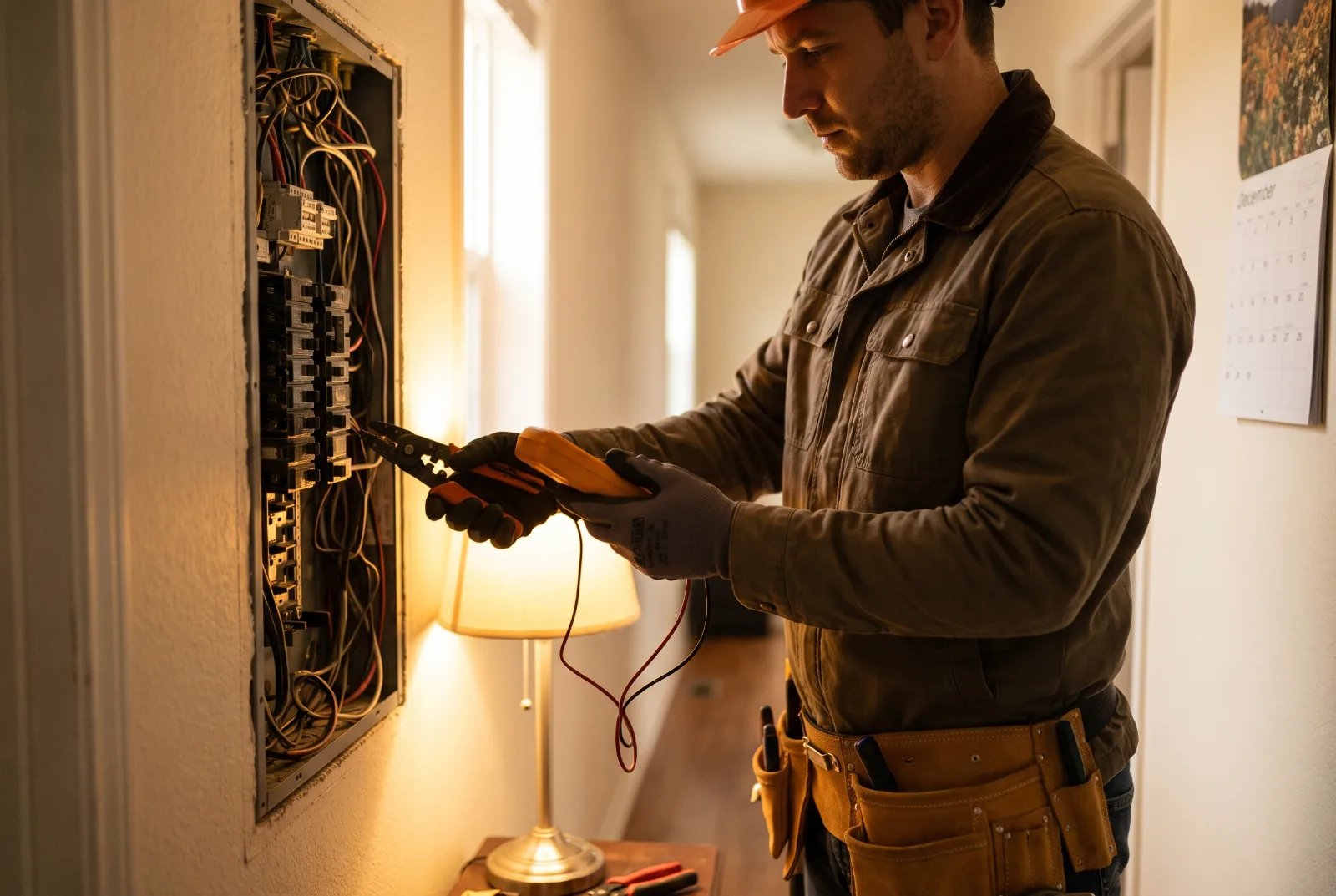 Electricista trabajando en un panel eléctrico, utilizando un multímetro para realizar pruebas, en un entorno