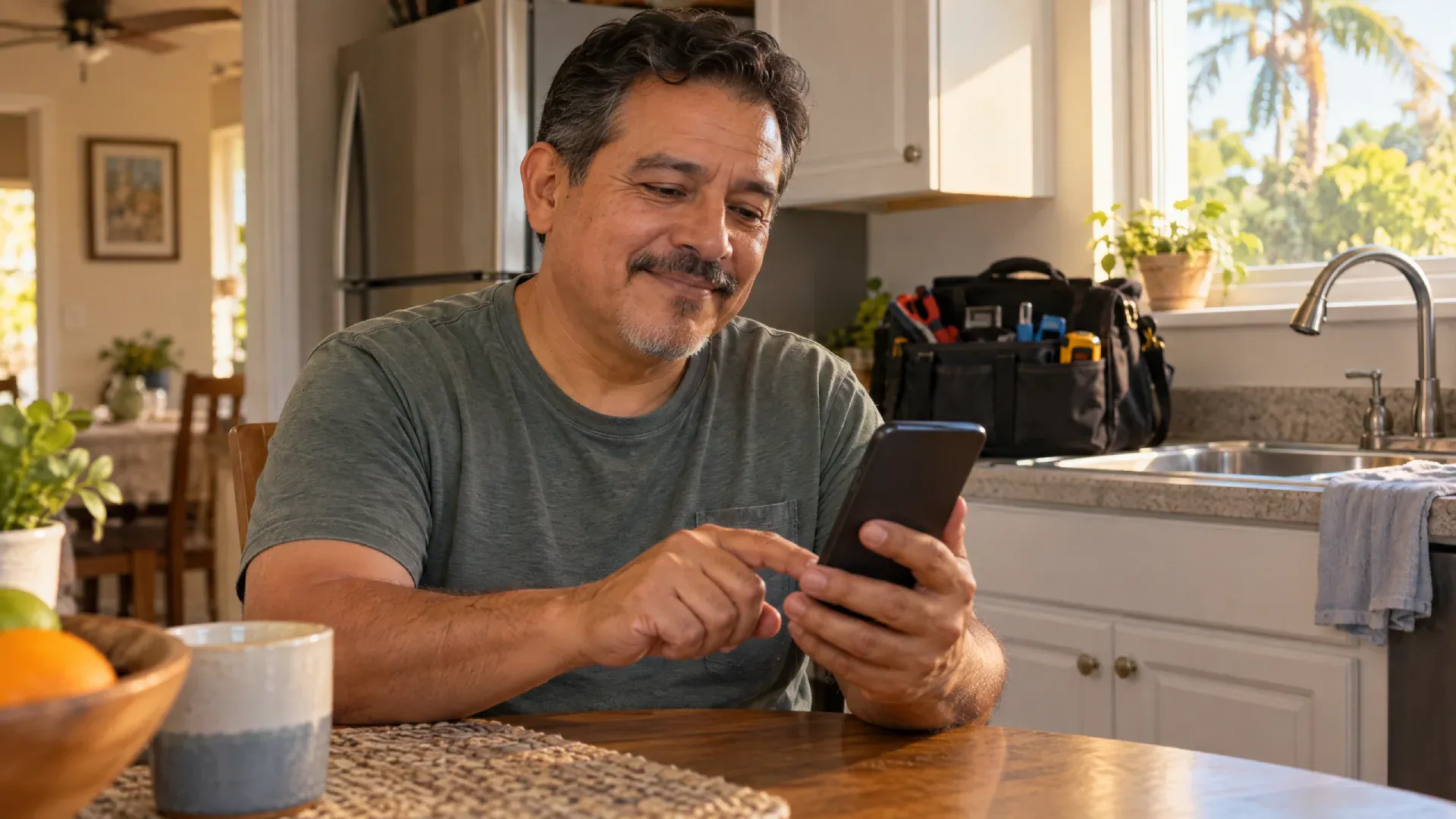 Cliente hispano dejando una reseña de cinco estrellas en su celular después de un trabajo de plomería en su casa.
