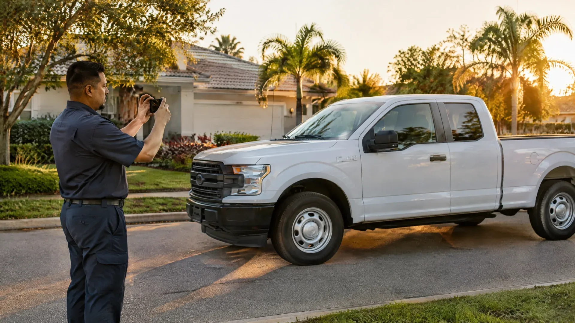 Técnico de servicios para el hogar tomando fotos de su camioneta frente a una casa