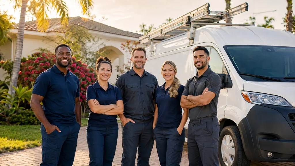 A diverse team of HVAC professionals in uniforms stands confidently in front of a service