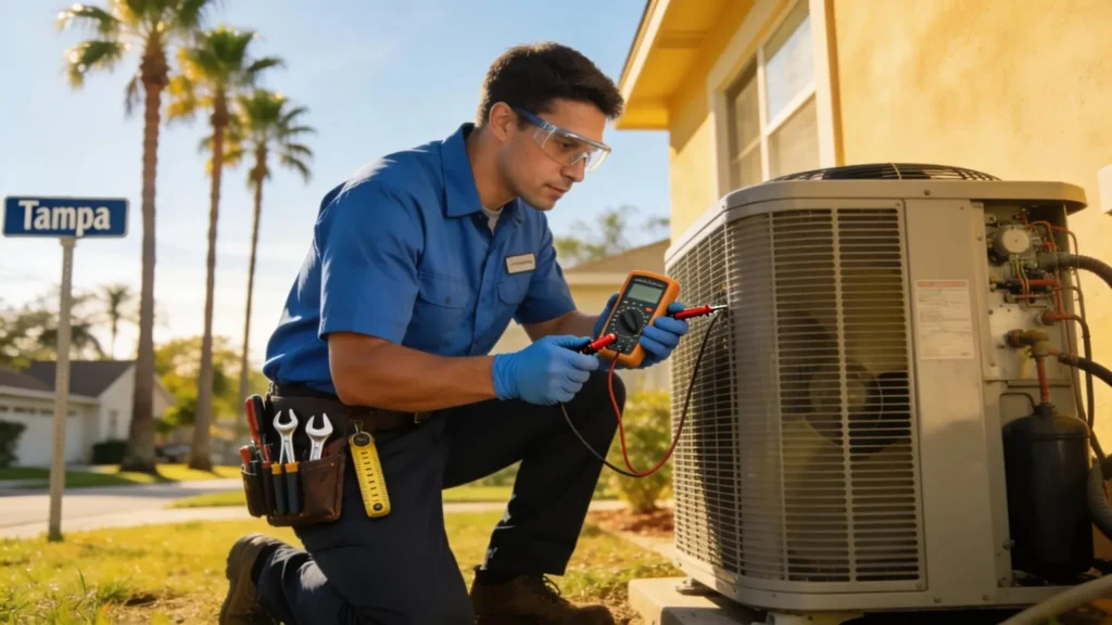 HVAC technician in Tampa, FL, using a multimeter to service an air conditioning unit, highlighting