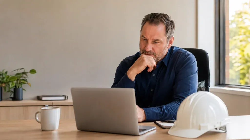 Man thoughtfully reviewing laptop, likely an HVAC business owner considering marketing agency options in Tampa