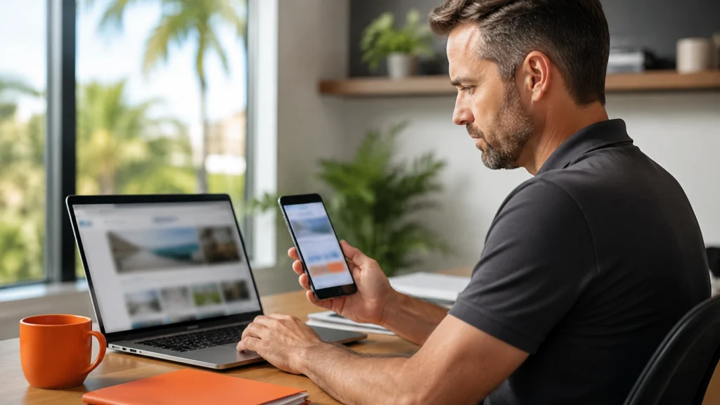 Man reviewing website pages on a laptop and smartphone in a home office, emphasizing