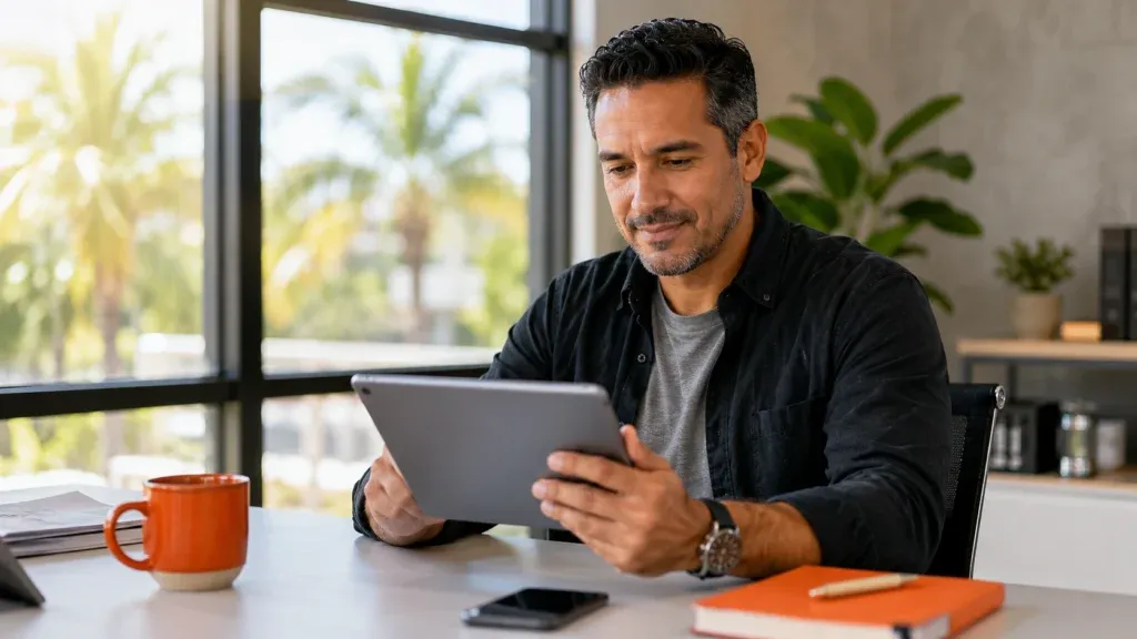 Man reviewing SEO ROI data on a tablet, illustrating how Tampa HVAC contractors can measure