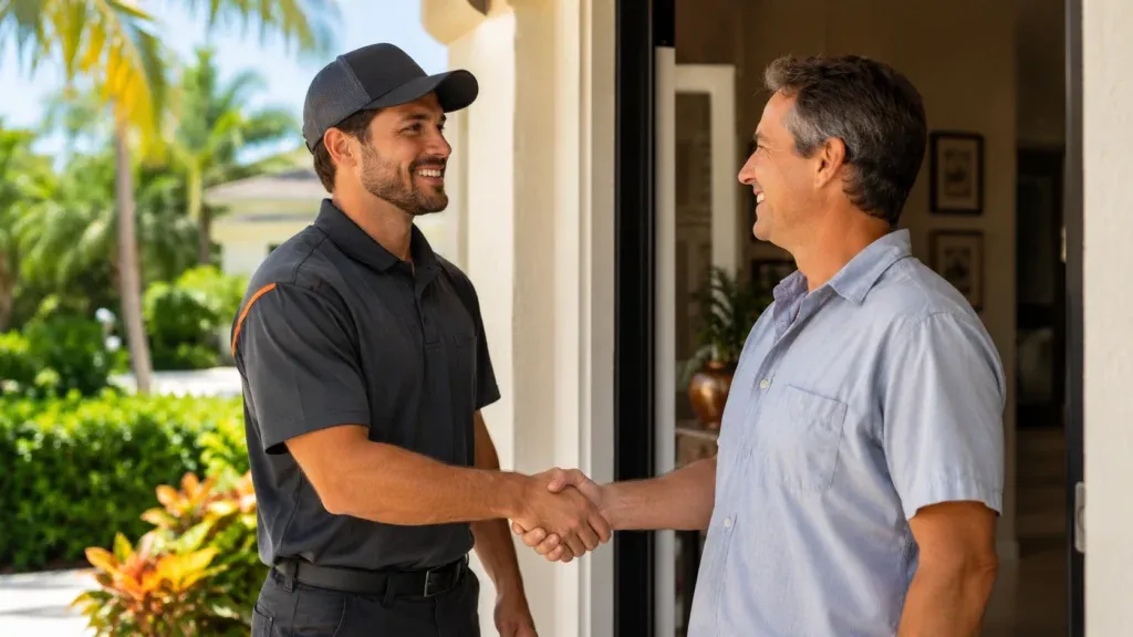 HVAC technician shaking hands with a homeowner, illustrating the importance of tracking lead sources
