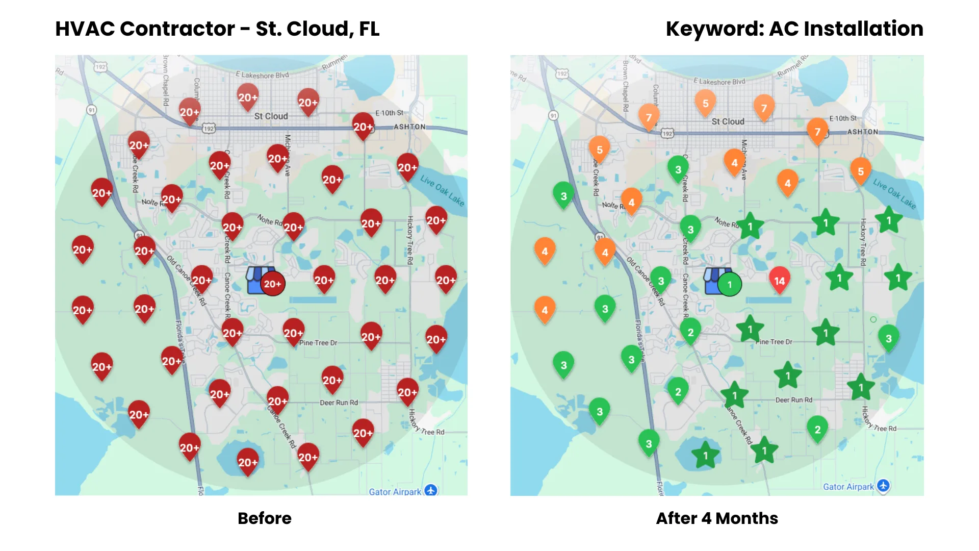Mapa de resultados de búsqueda para un contratista de HVAC en St. Cloud, FL, mostrando