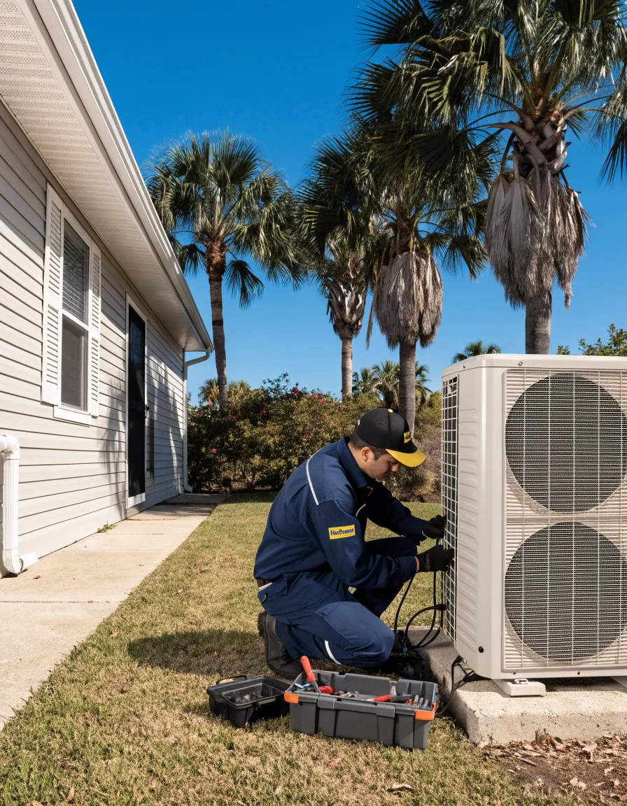 HVAC technician servicing an outdoor AC condenser unit in a residential area of Tampa, Florida
