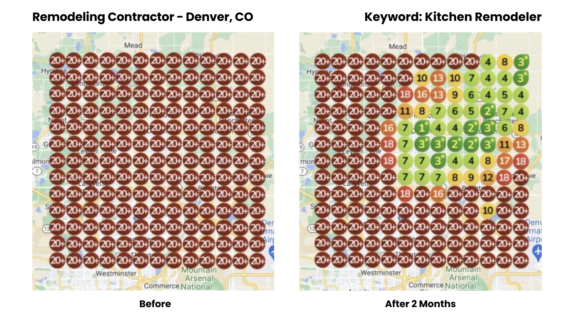 Mapa comparativo del posicionamiento local de un contratista de remodelación de cocinas en Denver, Colorado